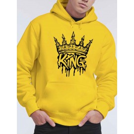 Men'S Casual King Crown Print Hoodie, 100% Polyester Long Sleeve Sweatshirt, Winter Knit Fabric with Slight Stretch, Regular Fit Hooded Top, 200g/m² - Trendy American Style Clothing Gift