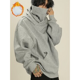 Men's Fleece-Lined Hooded Sweatshirt - High Neck Pullover with Pockets, Loose Fit Casual Winter Warmth, Machine Washable Grey All-Season Top for Daily & Leisure Wear, Sweater Hoodie