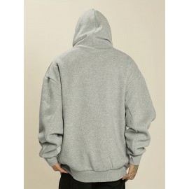 Men's Fleece-Lined Hooded Sweatshirt - High Neck Pullover with Pockets, Loose Fit Casual Winter Warmth, Machine Washable Grey All-Season Top for Daily & Leisure Wear, Sweater Hoodie