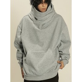 Men's Fleece-Lined Hooded Sweatshirt - High Neck Pullover with Pockets, Loose Fit Casual Winter Warmth, Machine Washable Grey All-Season Top for Daily & Leisure Wear, Sweater Hoodie