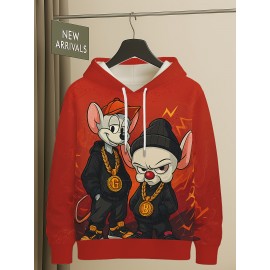 Men's Retro Hip-Hop Hoodie - Red with Cute mice, Drawstring Hood & Front Pocket - Urban Streetwear Sweatshirt for Concerts, Festivals - Machine Washable Gift for Men, Casual Wear, Cartoon Print, Comfortable Fabric, Fashion Enthusiasts