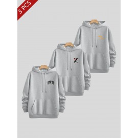 3pcs Men's Casual Fashion Brand Print Hoodie, Long Sleeve Pullover Sweatshirt Set