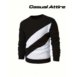 [Casual Geometric Stripe] Men's Casual Geometric Stripe Sweatshirt | Black & White Crew Neck Pullover | Comfortable Knit Fabric | Long Sleeve Hoodie