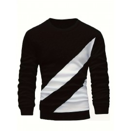 [Casual Geometric Stripe] Men's Casual Geometric Stripe Sweatshirt | Black & White Crew Neck Pullover | Comfortable Knit Fabric | Long Sleeve Hoodie