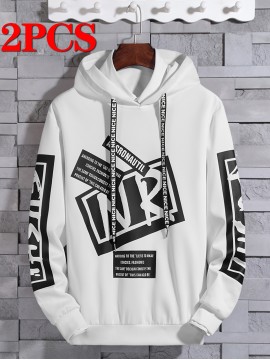 2-Pack Men'S Casual Long Sleeve Hooded Sweatshirts, Polyester Knit Fabric with Slight Stretch, Regular Fit, Alphabet Pattern, Sports Style Hooded Pullover for Outdoor, Leisure & Athletic Wear