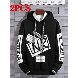 2-Pack Men'S Casual Long Sleeve Hooded Sweatshirts, Polyester Knit Fabric with Slight Stretch, Regular Fit, Alphabet Pattern, Sports Style Hooded Pullover for Outdoor, Leisure & Athletic Wear