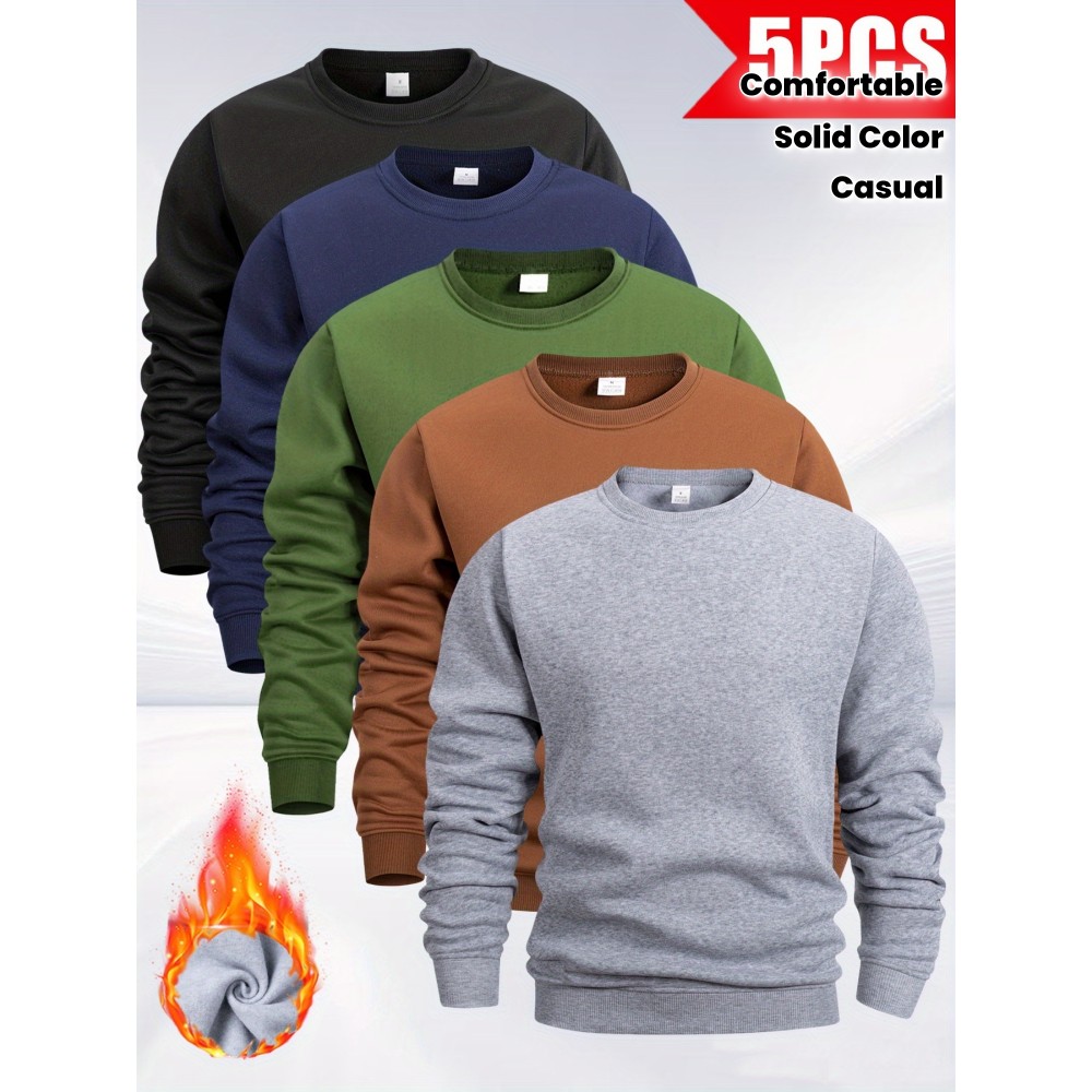 5pcs Men'S Fleece Crew Neck Sweatshirts - Solid Color Long Sleeve Pullover Set, Beige, Gray, Green, Navy Blue, Black - Ideal for Casual Wear, Outdoor Activities, Hiking, Gym, Travel, Hiking Apparel|Casual Style|Comfortable Fit, Sweater Set