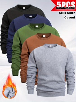 5pcs Men'S Fleece Crew Neck Sweatshirts - Solid Color Long Sleeve Pullover Set, Beige, Gray, Green, Navy Blue, Black - Ideal for Casual Wear, Outdoor Activities, Hiking, Gym, Travel, Hiking Apparel|Casual Style|Comfortable Fit, Sweater Set