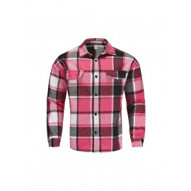 Men'S Casual Plaid Button-Up Shirt - Long Sleeve, Beige & Brown Check Pattern, Loose Fit, Lightweight Polyester Fabric, Perfect for Casual Attire