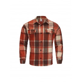 Men'S Casual Plaid Button-Up Shirt - Long Sleeve, Beige & Brown Check Pattern, Loose Fit, Lightweight Polyester Fabric, Perfect for Casual Attire
