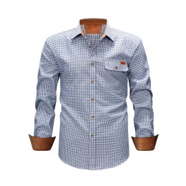 Men's Heavy-Duty Plaid Long Sleeve Dress Shirt - Winter Warmth Collar & Chest Pocket Button, Blue/White/Black/Brown Checkered Pattern, Loose Fit Casual & Formal Button-Up Coat Jacket-like Blazer (Machine Washable)