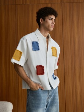 Men'S Summer Casual Color Block Patchwork Short Sleeve Shirt - Loose Fit, Button-Up Collared Blouse with Contrast Colorful Patches, Lightweight Non-Stretch Fabric for Casual Attire, Summer Casual Wear | Buttonup Shirt | Nonstretch Material
