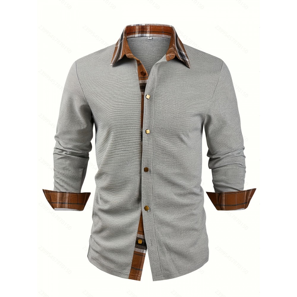 Men's Textured Waffle Knit Button-Up Long Sleeve Outdoor Casual Shirt, Breathable Fabric, Machine Washable, Suitable for Outdoors, Festivals & Office Wear, Multi-Purpose Clothing, Quality Material, Lightweight, Durable Structure, Trendy Men's Fashion
