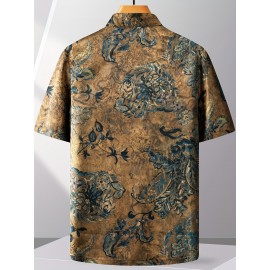 FORTEI Men's Traditional Chinese Tang Suit Short Sleeve Shirt - Lightweight, Light Beige-Friendly Polyester Blend with Intricate Floral Print, Button-Up Collar Design for Casual Summer Wear