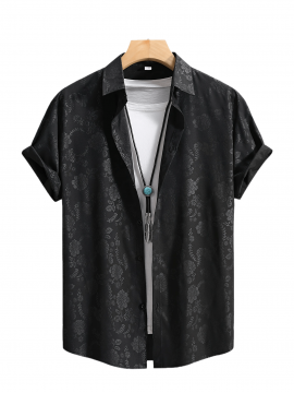 [Floral Shirt] Men's Lightweight Summer Casual Short Sleeve Shirt with Stylish Floral Print, Black & White Design, Polyester Blend, Perfect for Casual Attire, Short Sleeve Tops
