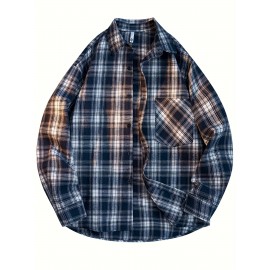 3pcs Men'S Scandinavian Vintage Plaid Shirt Set - Loose Fit, Breathable Rayon, Long Sleeve with Button-Up Design, Perfect for Fall & Spring Casual Wear, Casual Wear Shirts|Vintage Plaid Shirt|Asymmetrical Hemline, Thick