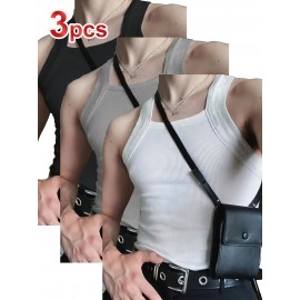 3-Pack Men's Sexy Slim-Fit Stretch Tank Tops - Sleeveless Off-Shoulder/Boat Neck Summer Muscle Tops, Medium-Stretch Fabric, Hand Wash Only, Black/Grey/White, Summer Tank Tops
