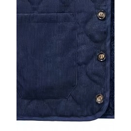[Winter Warmth Vest] Navy Blue Quilted Corduroy Men's Winter Warmth Vest | Fleece Lining, Pockets, Button Closure | Perfect for Fall and Winter Comfort