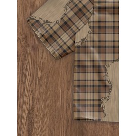 Men'S Casual Plaid Patchwork Short - Brown & White Checkered Pattern, Loose Fit Streetwear Style, Non-Stretch Fabric, Perfect for Camping & Casual Attire, Camping Apparel | Checkered Pattern Shirt | Nonstretch Fabric, Compression Shirt for Men, Gym