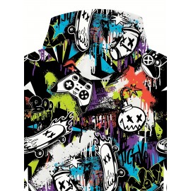 [1pc Men'S Novelty Hooded Jacket] 1pc Men'S Novelty Hooded Jacket, Casual Geometric Pattern Knit Polyester Fiber, Regular Fit Spring/Autumn Outerwear with Zip Closure