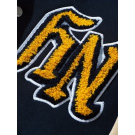 Men'S Navy Blue & White Patchwork Baseball Jacket - NY Logo & Letter Print, Snap Closure, Long Sleeve, Regular Fit with Pockets for Casual Streetwear, Baseball Jacket, Durable Fabric