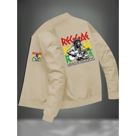 Polyester Knit Graphic Print Bomber Jacket - Men's Casual Reggae Stand Collar Zipper Closure - Fall/Winter Skinny Fit with Pocket Detail