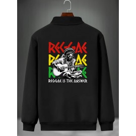 Polyester Knit Graphic Print Bomber Jacket - Men's Casual Reggae Stand Collar Zipper Closure - Fall/Winter Skinny Fit with Pocket Detail