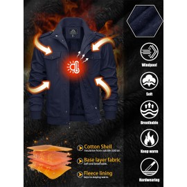 Men's Winter Fleece-Lined Cargo Jacket - Windproof Stand Collar Zipper Jacket with Ribbed Cuffs, Multi-Pockets & Soft Shell for Fall Winter Daily Wear, Outdoor Hiking Camping