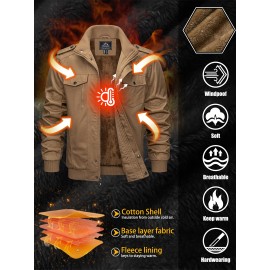 Men's Winter Fleece-Lined Cargo Jacket - Windproof Stand Collar Zipper Jacket with Ribbed Cuffs, Multi-Pockets & Soft Shell for Fall Winter Daily Wear, Outdoor Hiking Camping