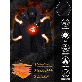 Men's Winter Fleece-Lined Cargo Jacket - Windproof Stand Collar Zipper Jacket with Ribbed Cuffs, Multi-Pockets & Soft Shell for Fall Winter Daily Wear, Outdoor Hiking Camping