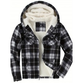 Men's Sherpa-Lined Full-Zip Hooded Jacket - Plaid Flannel Winter Coat with Turquoise/Black/White/Gray Plaid, Machine Washable, Full-Zip Front & Pockets - Casual Outdoor & Everyday Cold Weather Outerwear (Regular Fit)
