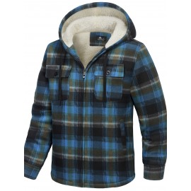 Men's Sherpa-Lined Full-Zip Hooded Jacket - Plaid Flannel Winter Coat with Turquoise/Black/White/Gray Plaid, Machine Washable, Full-Zip Front & Pockets - Casual Outdoor & Everyday Cold Weather Outerwear (Regular Fit)
