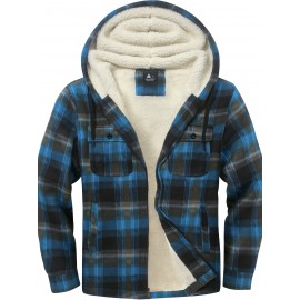 Men's Sherpa-Lined Full-Zip Hooded Jacket - Plaid Flannel Winter Coat with Turquoise/Black/White/Gray Plaid, Machine Washable, Full-Zip Front & Pockets - Casual Outdoor & Everyday Cold Weather Outerwear (Regular Fit)
