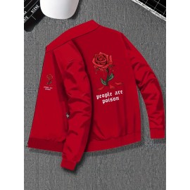 Casual Varsity Jacket for Men - Knit Polyester Blend, Regular Fit, Stand Collar, Slight Stretch, Classic Rose Print Detail