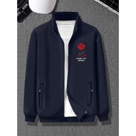 Casual Varsity Jacket for Men - Knit Polyester Blend, Regular Fit, Stand Collar, Slight Stretch, Classic Rose Print Detail