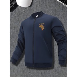 Men's African Tribal Art Print Slim-Fit Bomber Jacket - Black Zip-Up Stand Collar Streetwear Coat with Pockets, Machine Washable Polyester for Autumn/Winter Casual Wear, Sleek Knit Texture