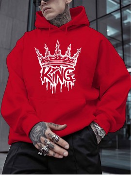 Men'S Casual King Crown Print Hoodie, 100% Polyester Long Sleeve Sweatshirt, Winter Knit Fabric with Slight Stretch, Regular Fit Hooded Top, 200g/m² - Trendy American Style Clothing Gift