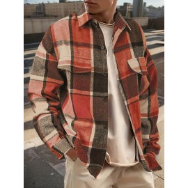 Men'S Casual Plaid Button-Up Shirt - Long Sleeve, Beige & Brown Check Pattern, Loose Fit, Lightweight Polyester Fabric, Perfect for Casual Attire