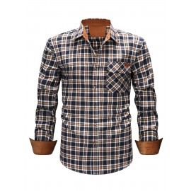 Men's Heavy-Duty Plaid Long Sleeve Dress Shirt - Winter Warmth Collar & Chest Pocket Button, Blue/White/Black/Brown Checkered Pattern, Loose Fit Casual & Formal Button-Up Coat Jacket-like Blazer (Machine Washable)