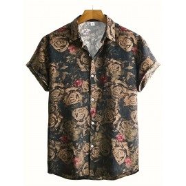 Men's Tropical Floral Print Button-Up Shirt - Short Sleeve, Black Base with Vibrant Red & Pink Roses, Casual Summer Style, Polyester Fabric, Machine Washable