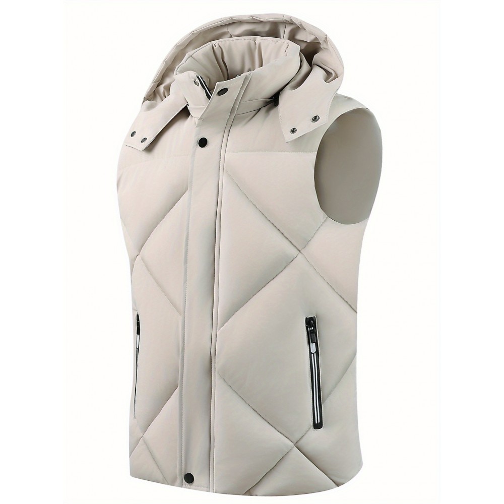 Men'S Classic Warm Padded Sleeveless Vest with Stand Collar - Quilted Waistcoat Jacket, Zipper Closure, Polyester, Solid Color, Regular Fit for Fall/Winter Casual & Sports Wear, Winter Jacket, Quilted Design, Durable Construction