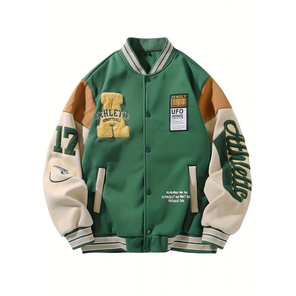 Men's Baseball Jacket with Athletic Dept. Embroidered Logo & Number 17 - Royal Blue & Beige Contrast Design, Baseball Collar, Machine Washable Casual Streetwear Jacket for Casual Attire