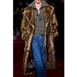 Men's New Style Faux Fox Fur Coat with Suit Collar Long Winter Windproof Warm Mink Overcoat in Large Size